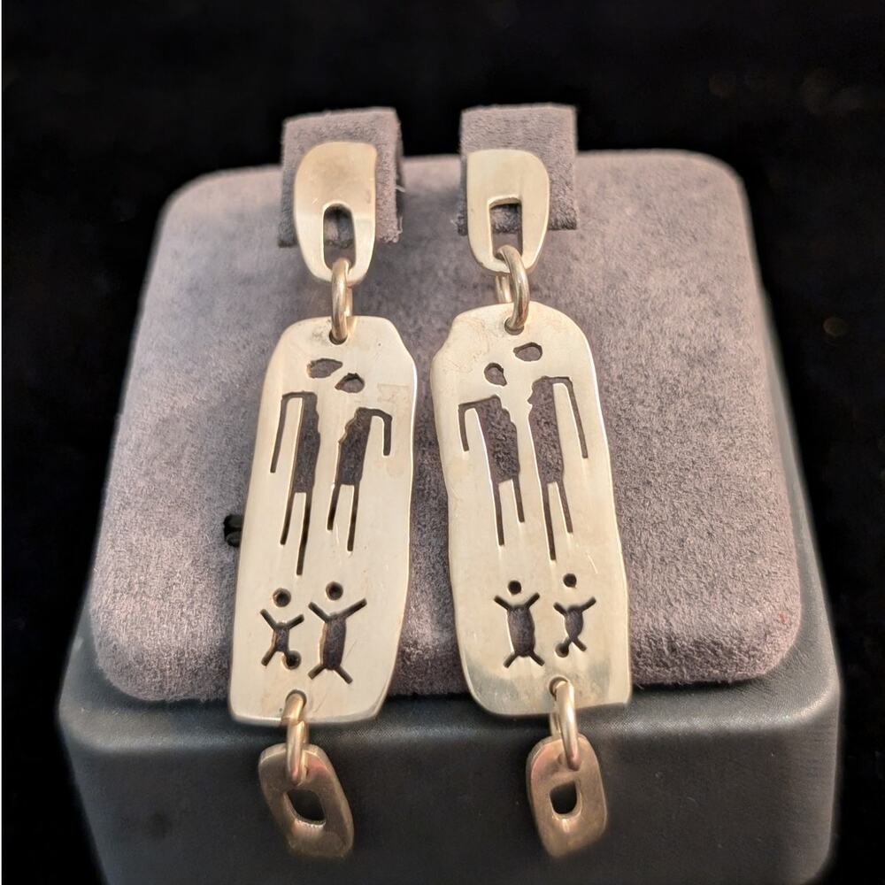 Vtg Mexican Sterling Figure Family Signed FF Mexico 925 Dangling Post Earrings